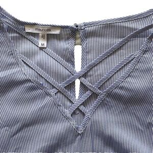 Womens Maurices Top NWT Size M Blue White Striped V Neck Tunic 3/4 Sleeve Button